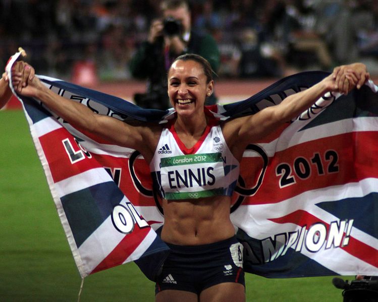 Jessica Ennis with the UK flag after winning gold in the heptathlon at the 2012 Summer Olympics. Robbie Dale/Flickr.com