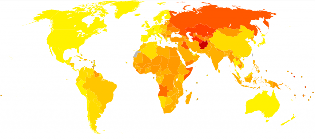 Disability-adjusted life year for cardiovascular diseases per 100,000 inhabitants in 2004. Credit - Wikimedia Commons