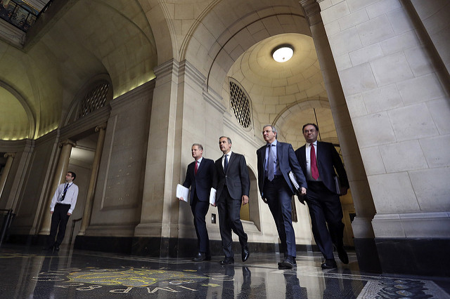 Spencer Dale, Mark Carney, Jon Cunliffe and Andrew Bailey at the Financial Stability Report Press Conference - June 2014. Credit - Bank of England/Flickr. (CC BY-NC-ND 2.0)